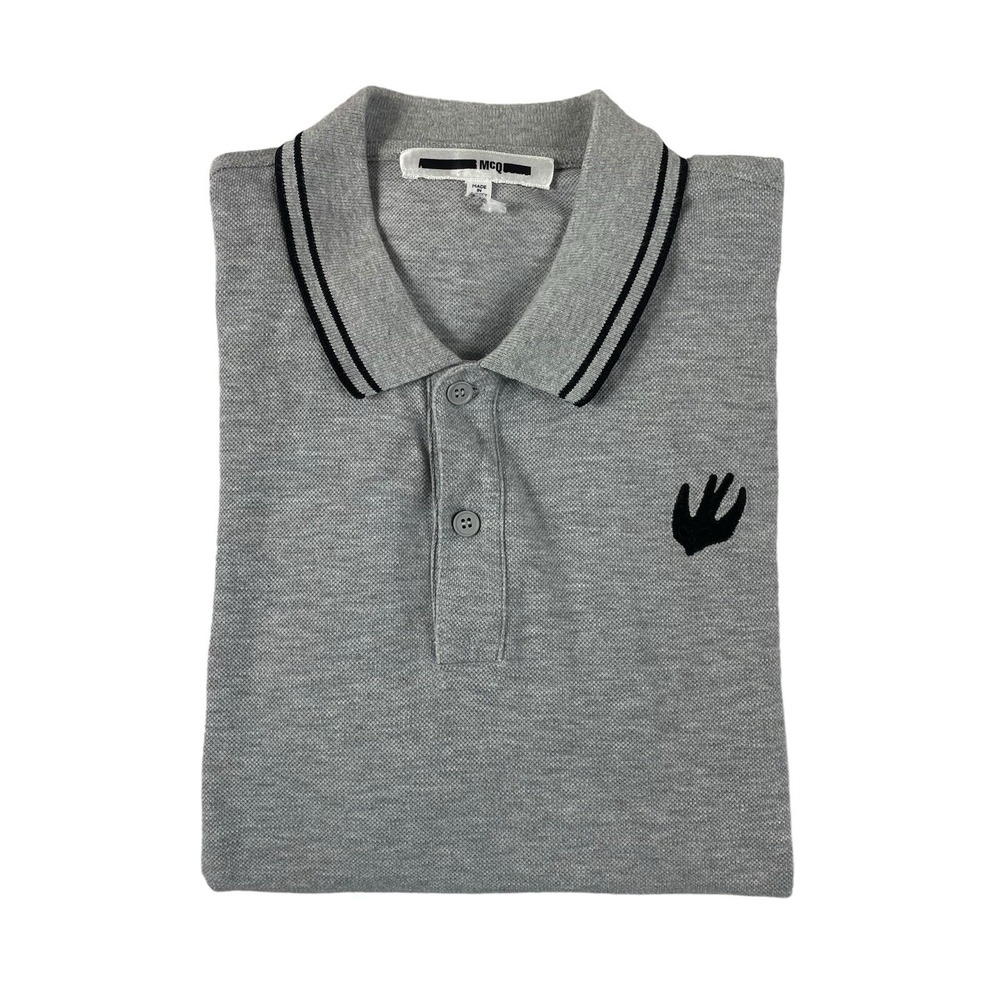 McQ Alexander McQueen Mens Gray Black Swallow Patch Cotton Polo Shirt Small